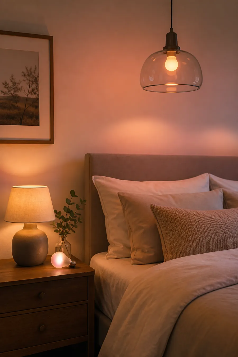 Smart color-changing bulbs creating a warm bedroom ambience