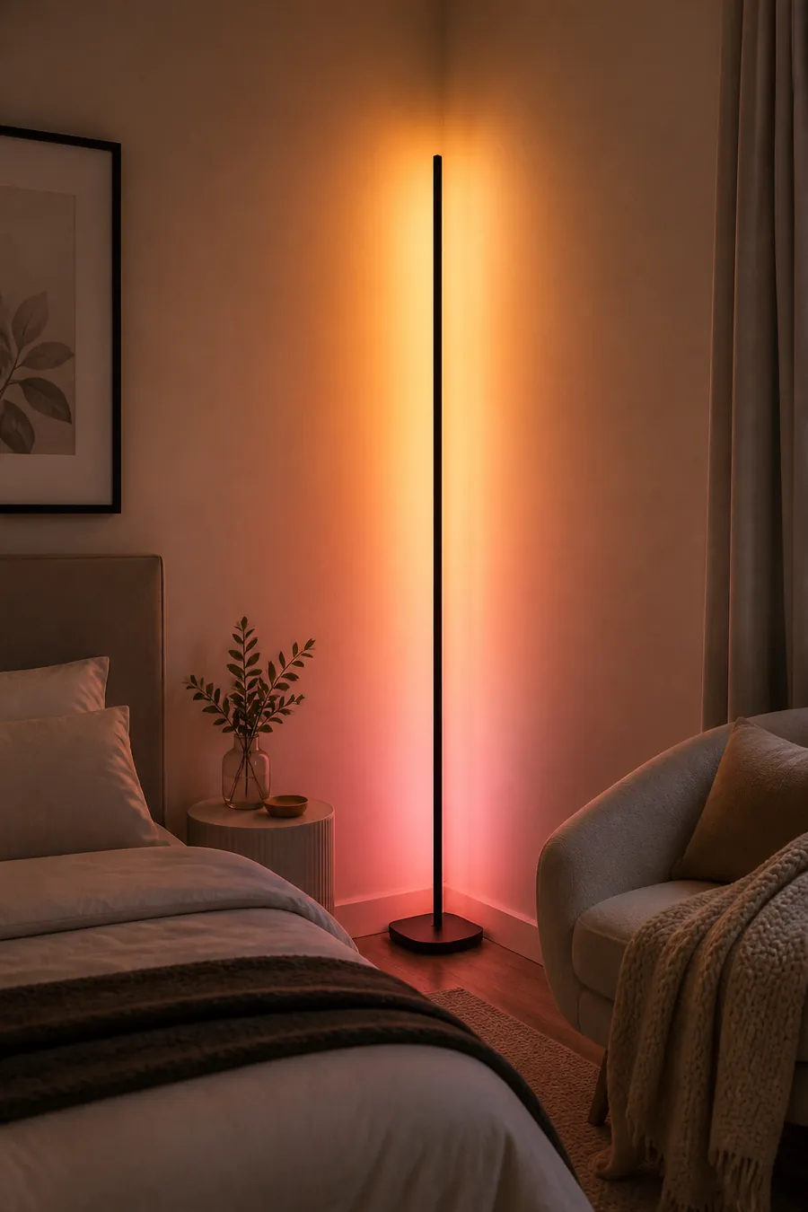 Smart LED floor lamp creating a warm gradient glow in a cozy bedroom