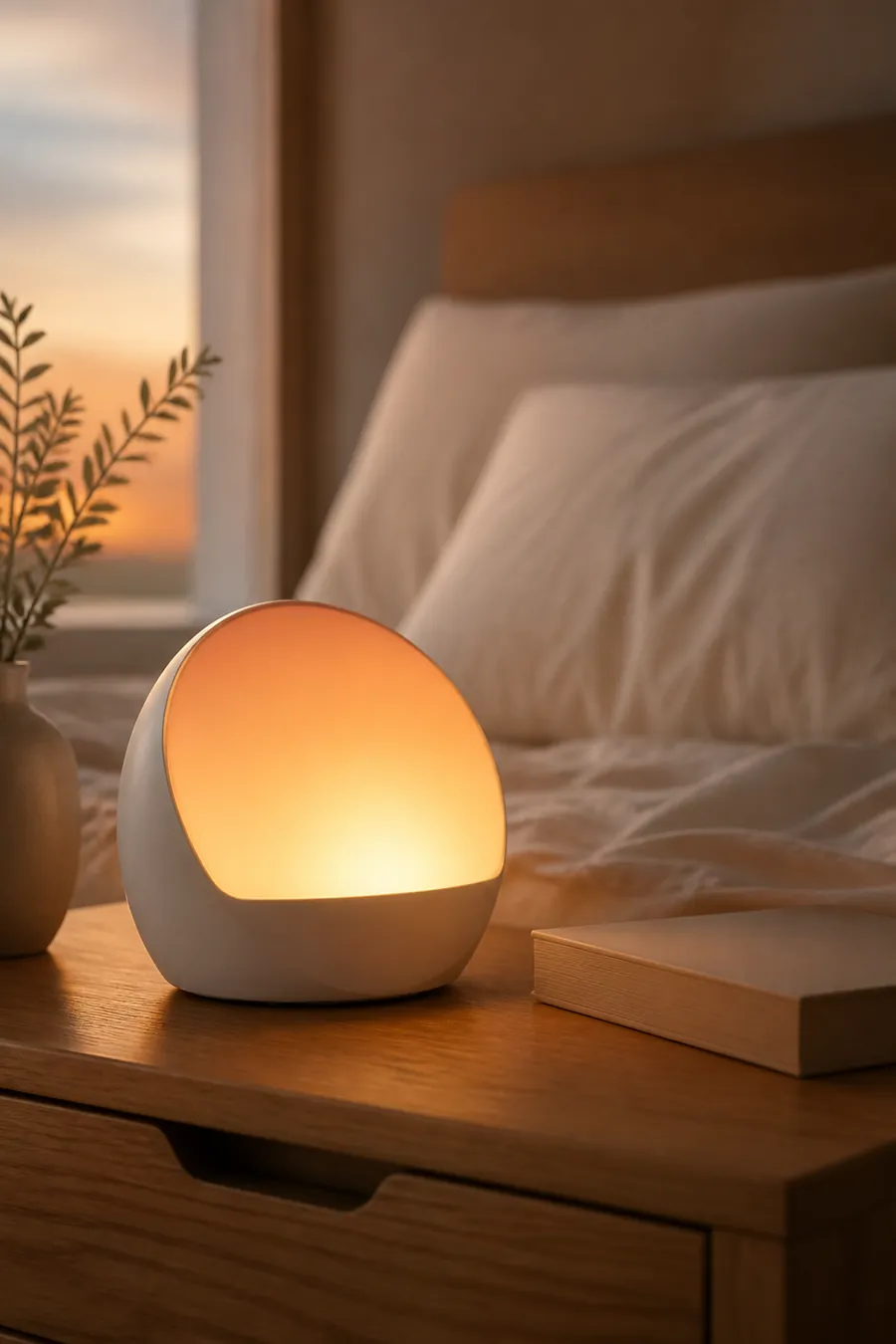 Smart sunrise sleep light glowing on a bedroom nightstand
