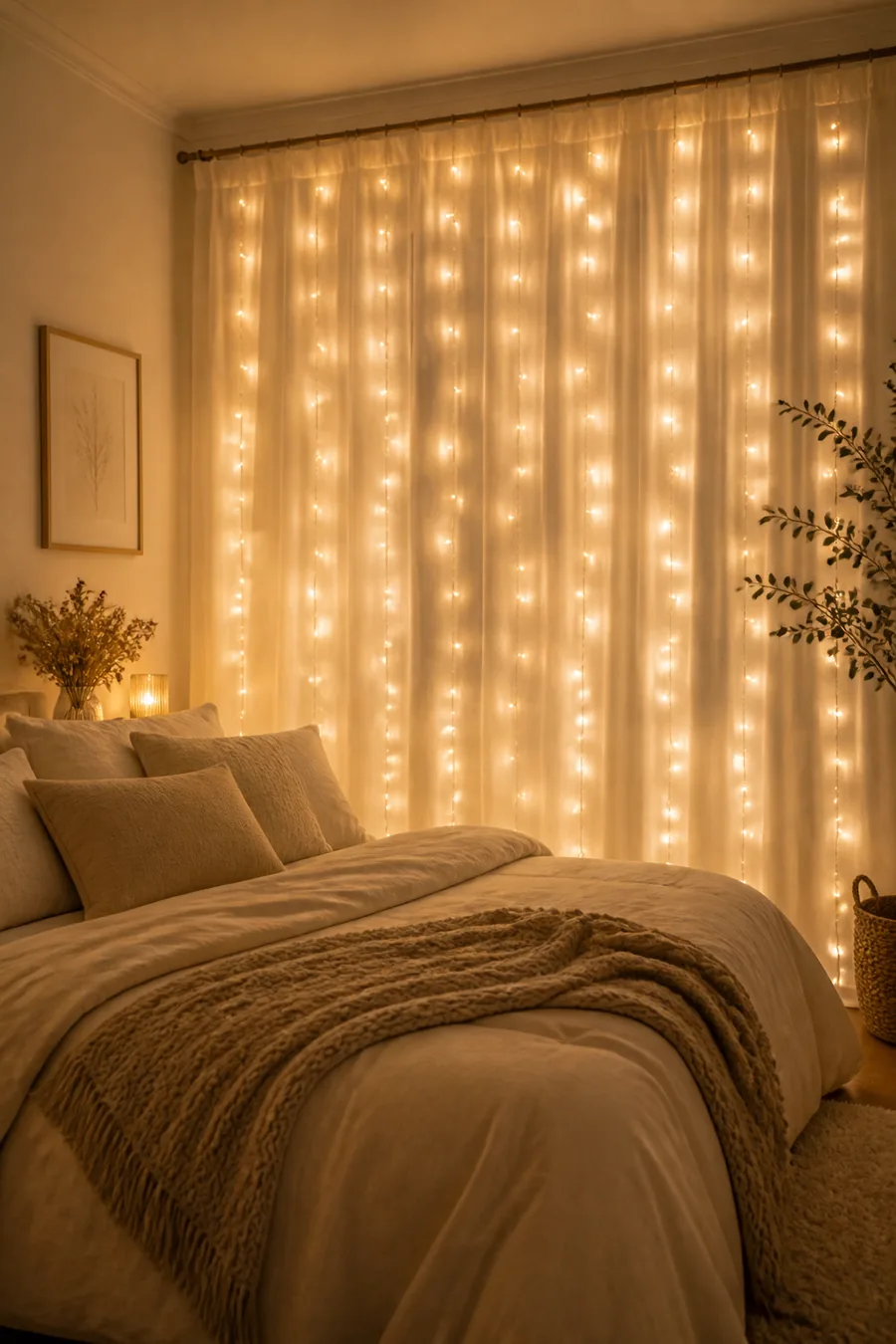 Warm curtain lights creating a dreamy bedroom backdrop