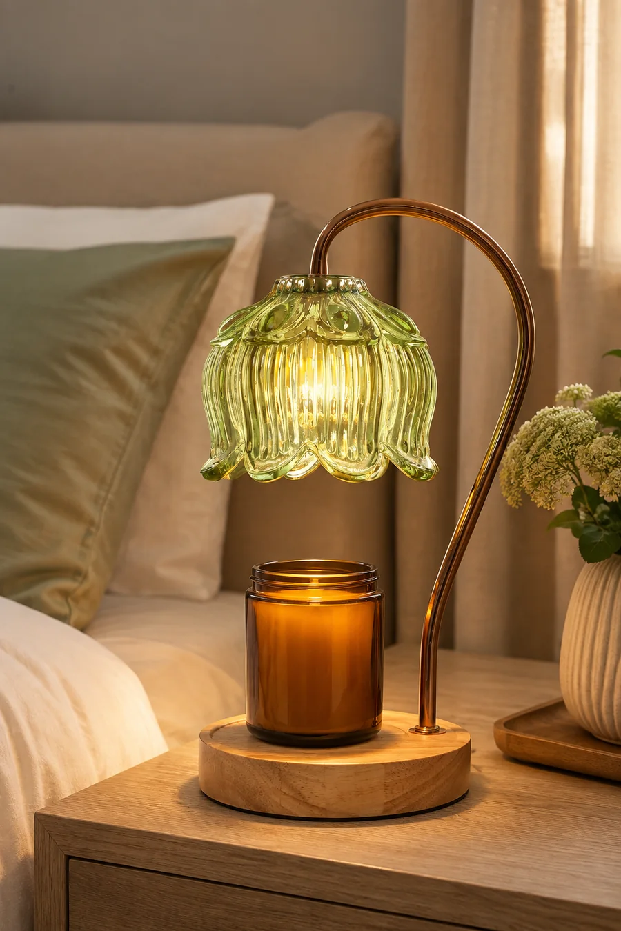 Dimmable candle warmer lamp glowing on a bedroom nightstand