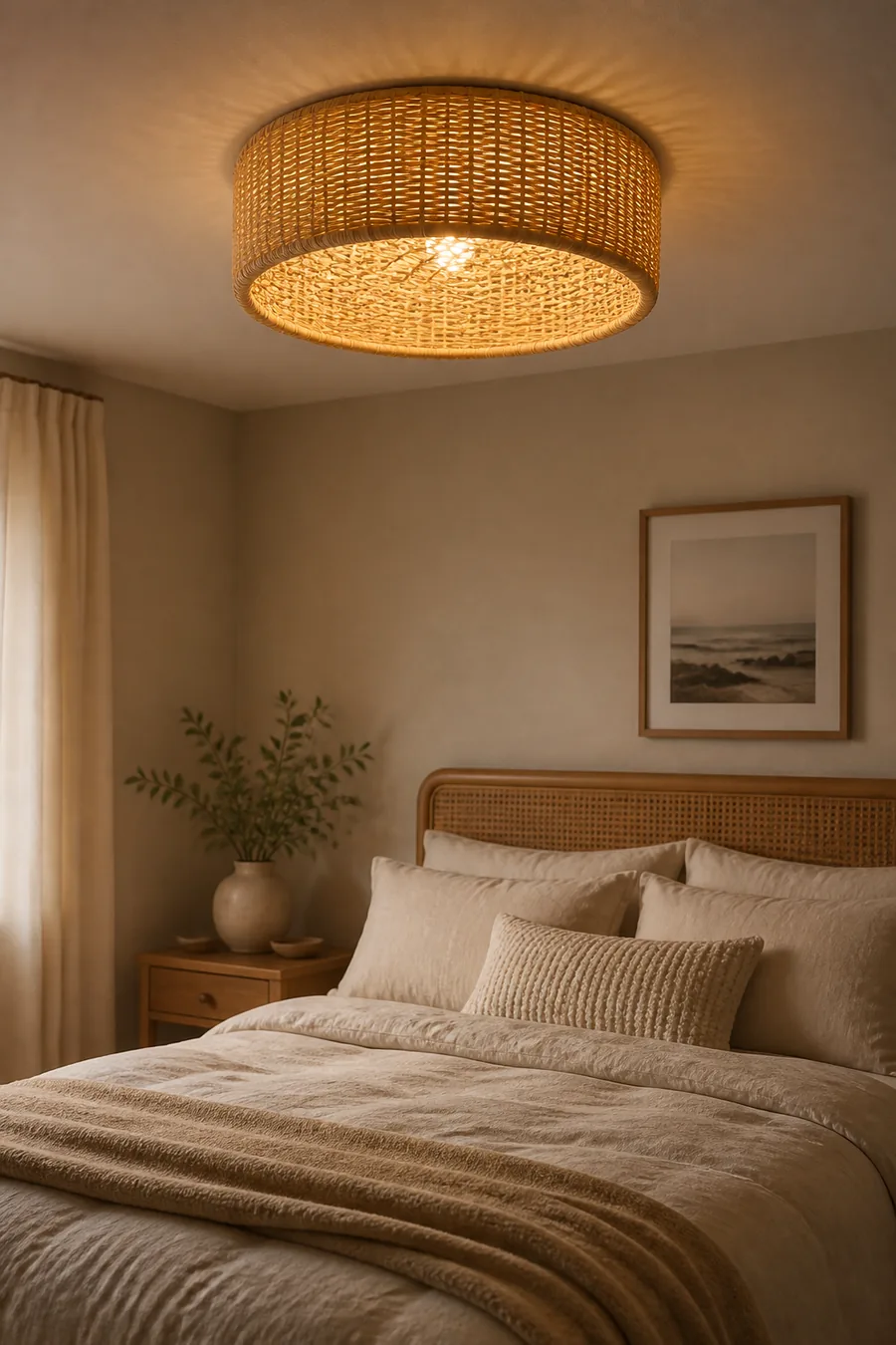 Rattan flush-mount ceiling light in a warm cozy bedroom