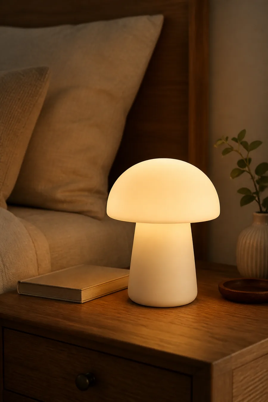 Rechargeable mushroom table lamp on a cozy bedroom nightstand