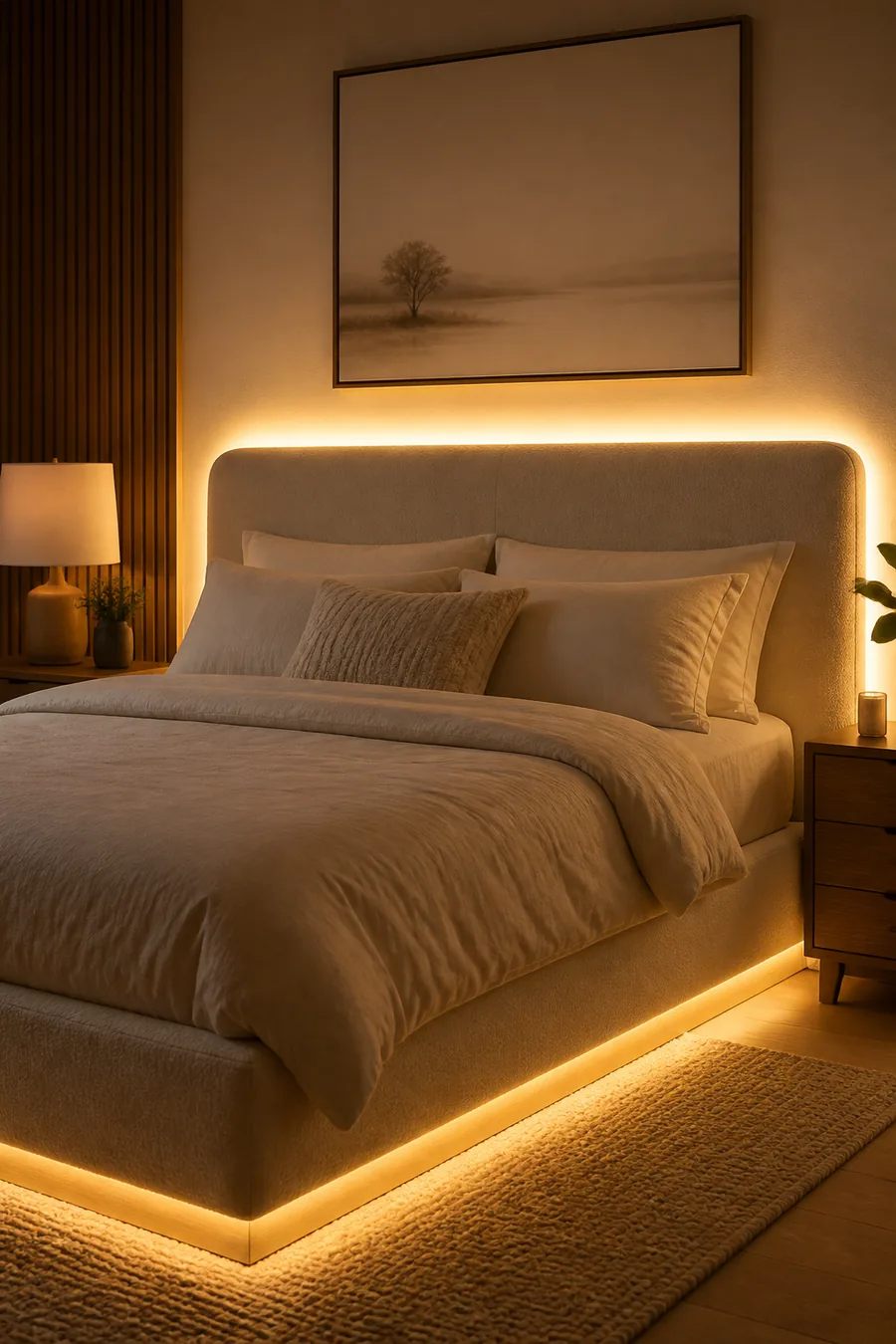 Warm white LED strip lights behind and under a cozy bedroom bed