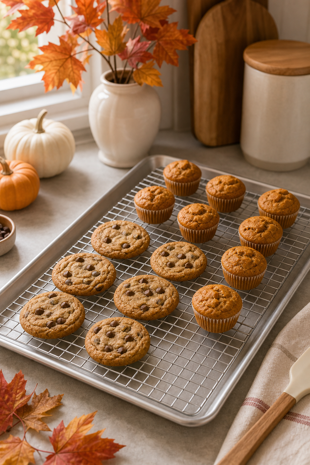 Baking sheet and cooling rack for fall treats