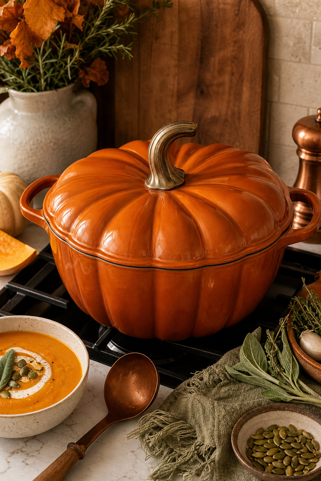 Pumpkin Dutch oven in a cozy fall kitchen