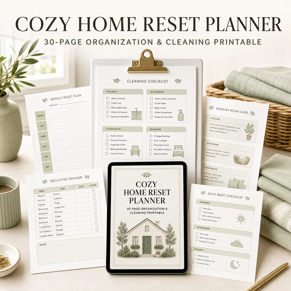 Cozy Home Reset Planner 30-page organization and cleaning printable mockup