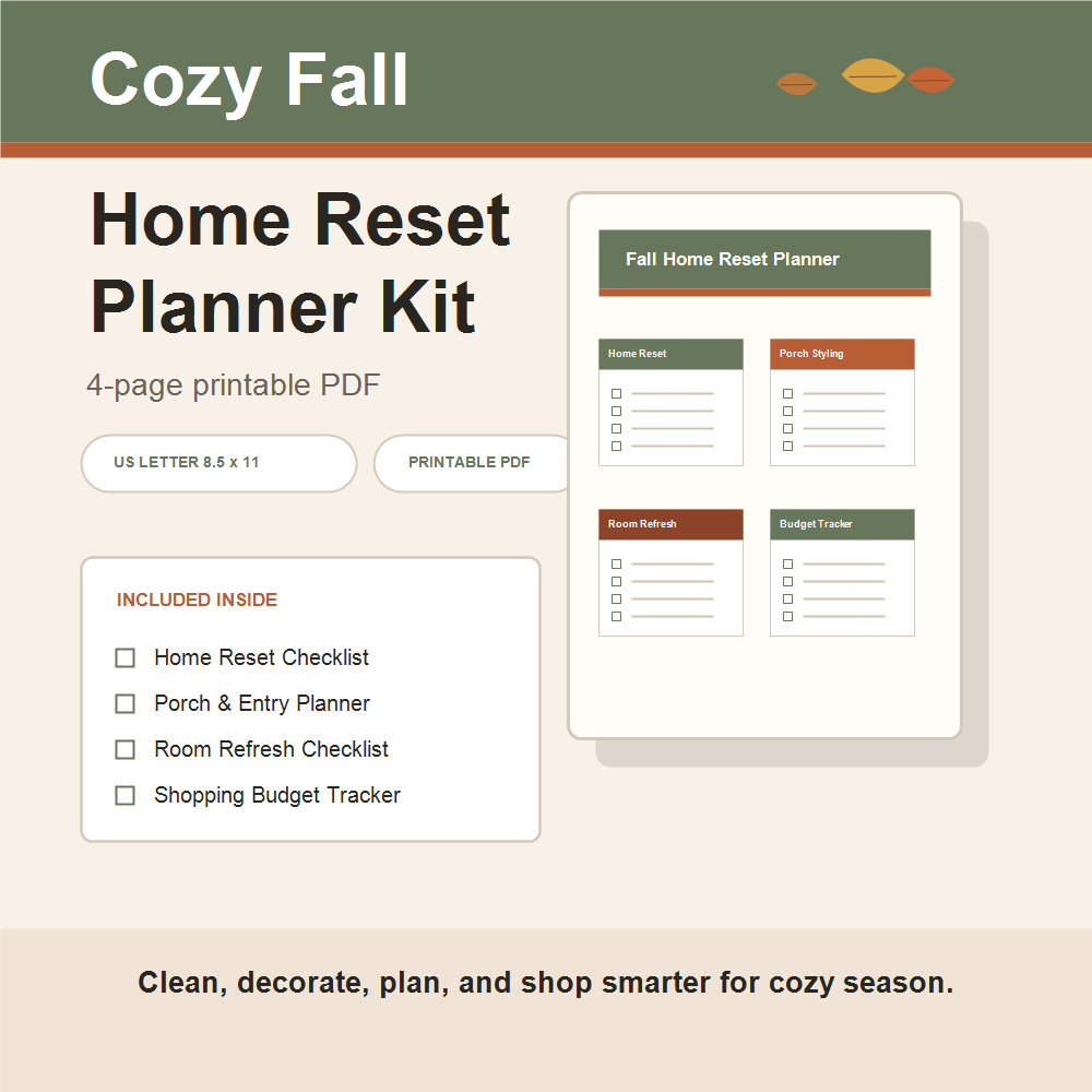 Cozy Fall Home Reset Planner printable kit with four planning pages