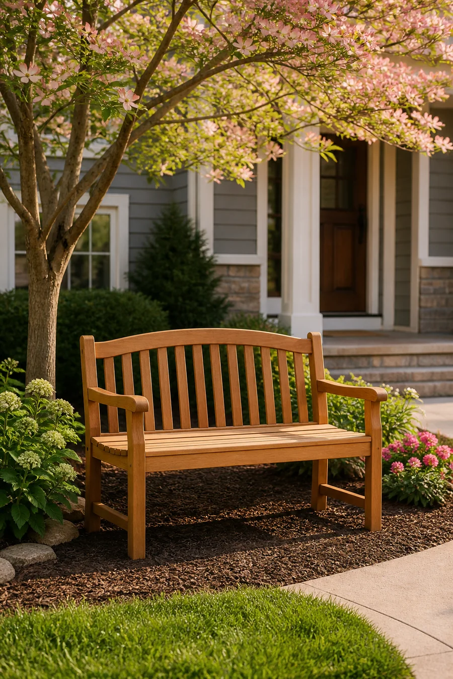 Classic wooden garden bench beneath a flowering tree in a landscaped front yard