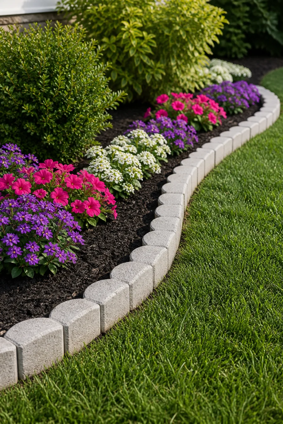 Decorative scalloped stone edging forming a curved front-yard flower bed