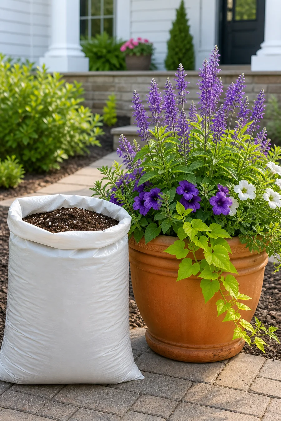 Outdoor potting mix beside a layered planter with salvia and petunias