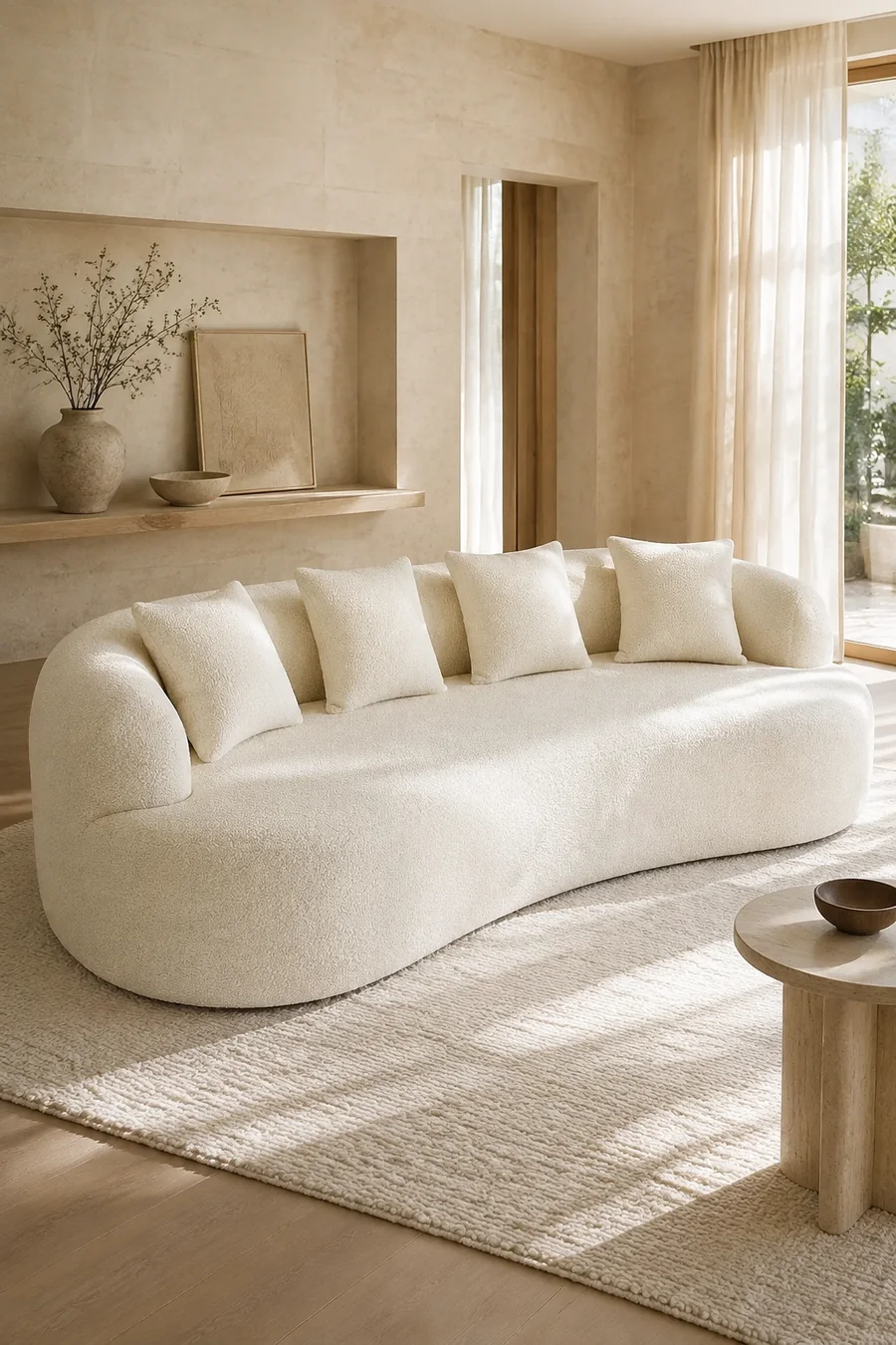 Cream curved four-seat cloud sofa in a quiet-luxury living room