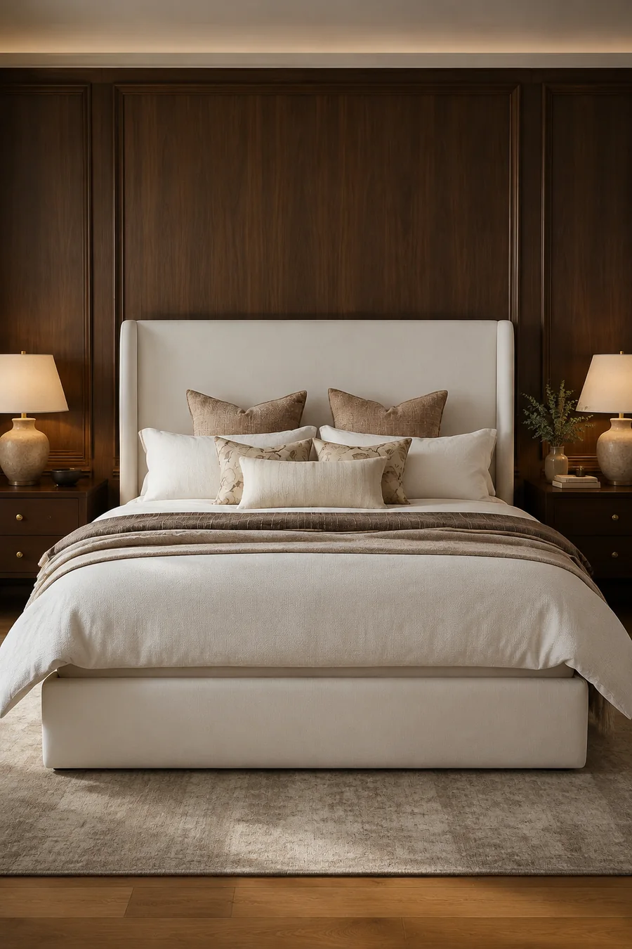 Luxury ivory curved upholstered platform bed in a quiet-luxury bedroom