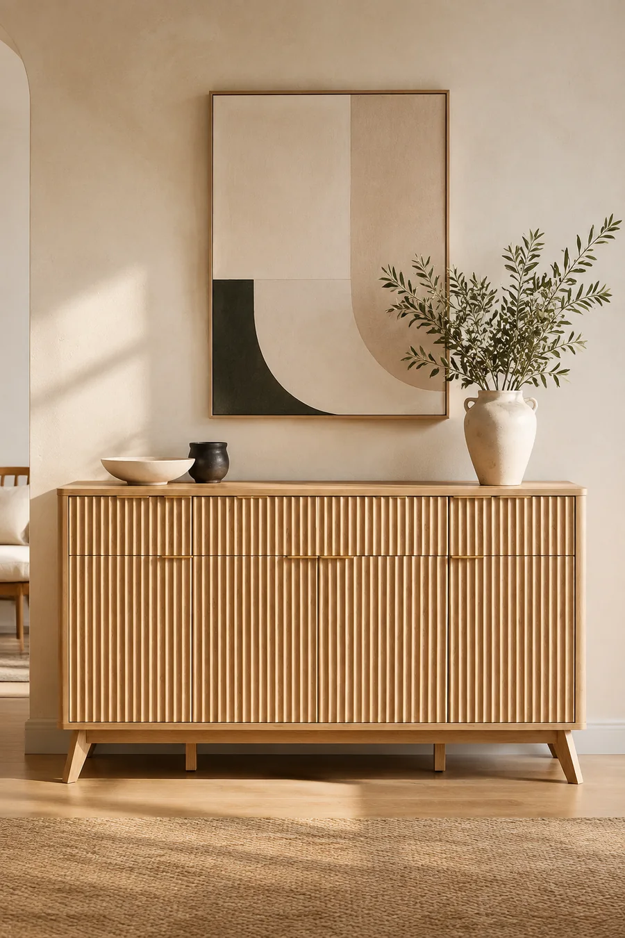 Natural oak fluted sideboard styled in a warm Japandi room