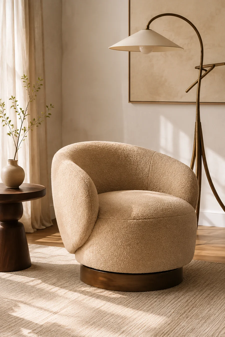 Sand boucle swivel barrel chair in a warm organic-modern reading corner