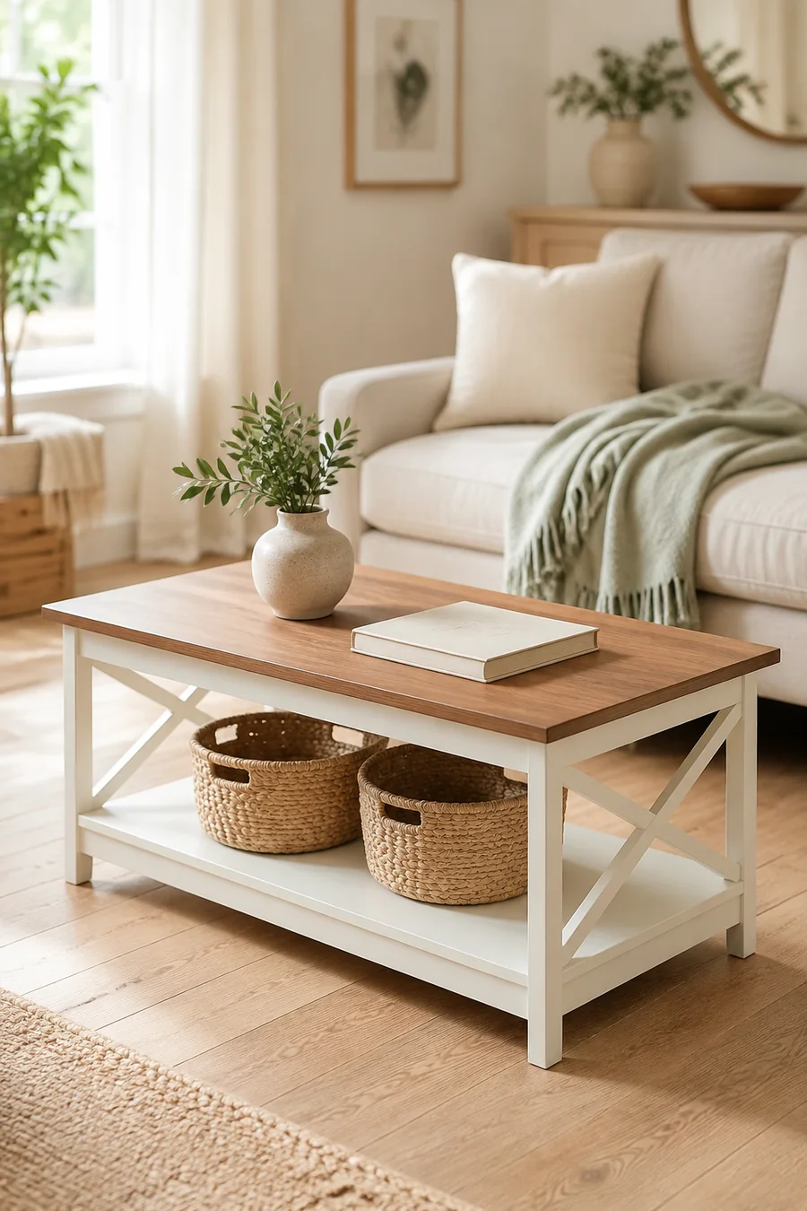 White farmhouse two-tier storage coffee table with warm wood top