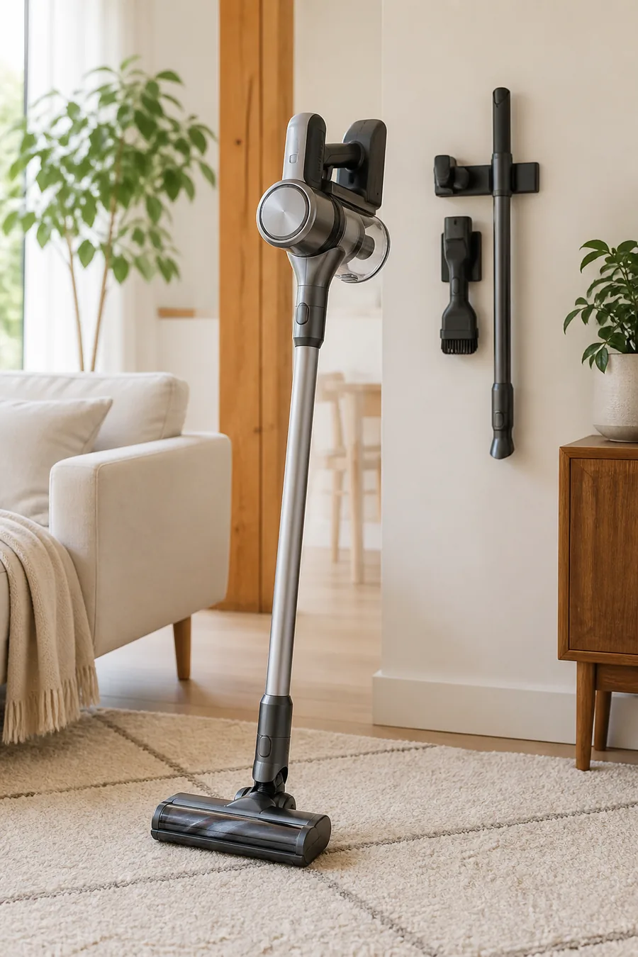 Cordless stick vacuum in a warm modern living room