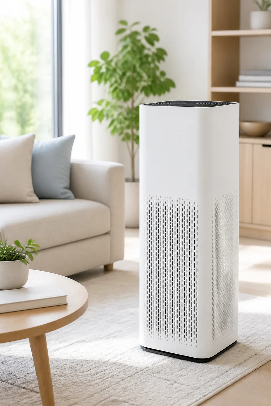 Large-room HEPA air purifier in a calm modern living room