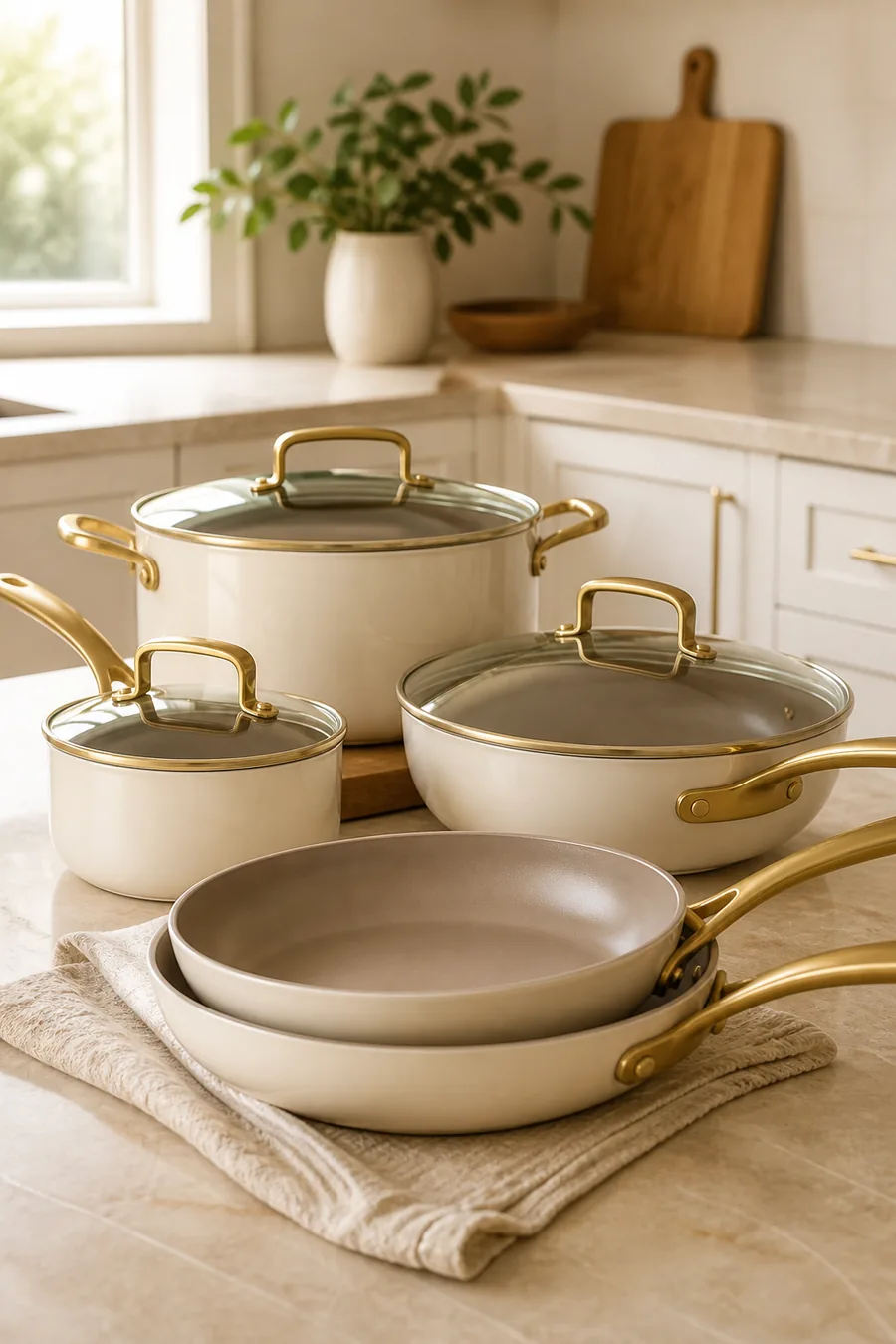 Premium neutral nonstick cookware set in a bright new kitchen