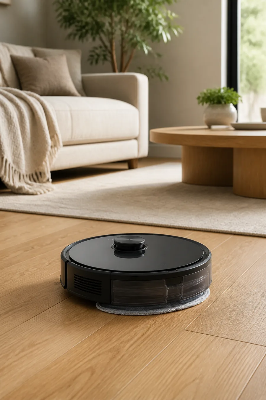 Robot vacuum and mop combo cleaning a cozy new living room