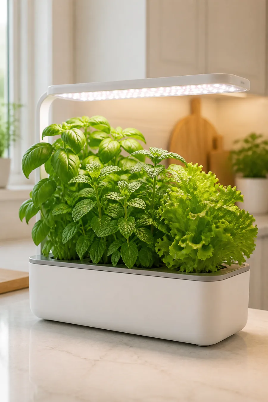 Smart indoor hydroponic garden growing herbs on a kitchen counter