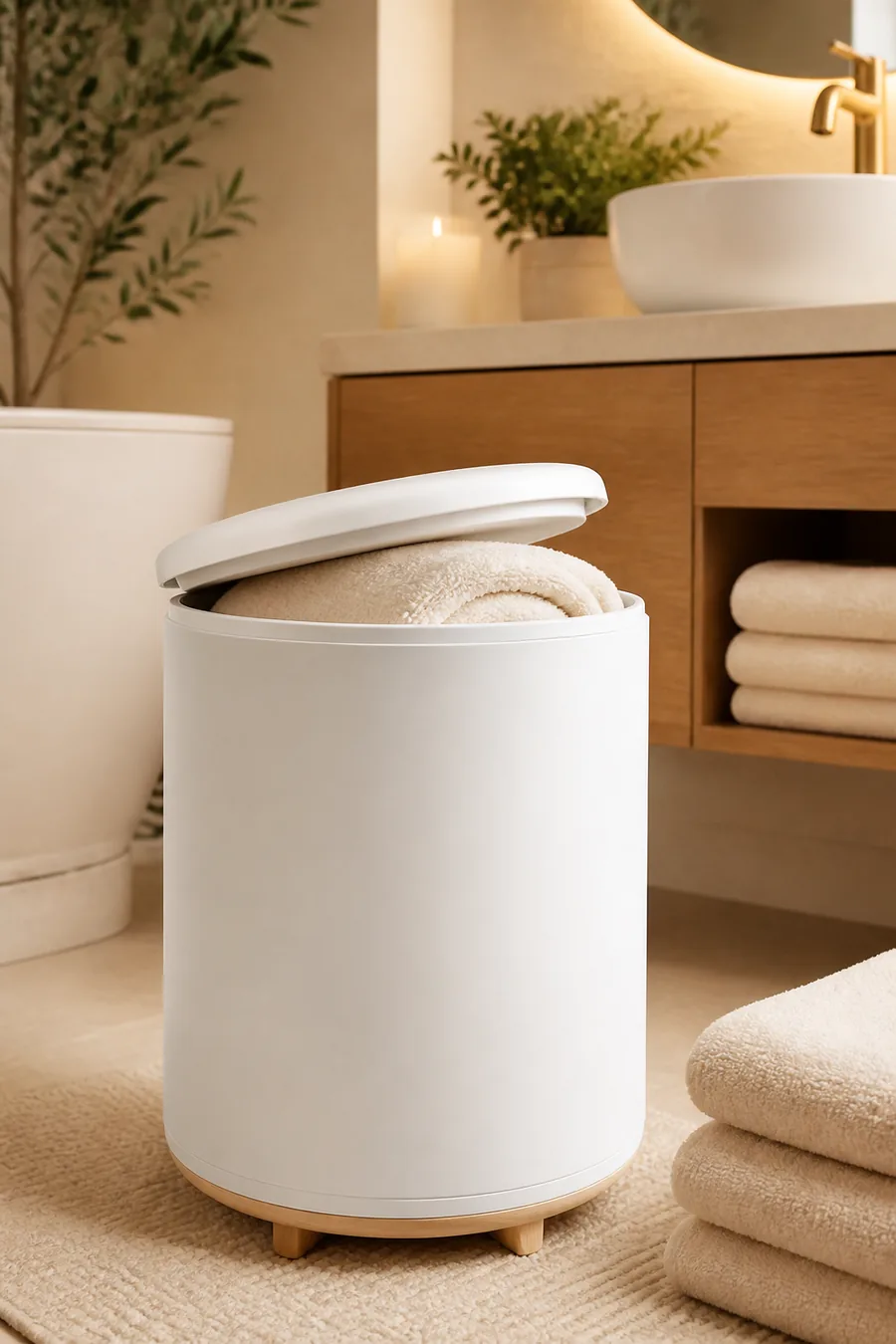 White towel warmer bucket with a plush towel in a cozy bathroom