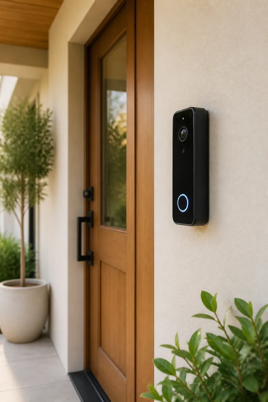 Smart video doorbell installed beside a welcoming modern front door