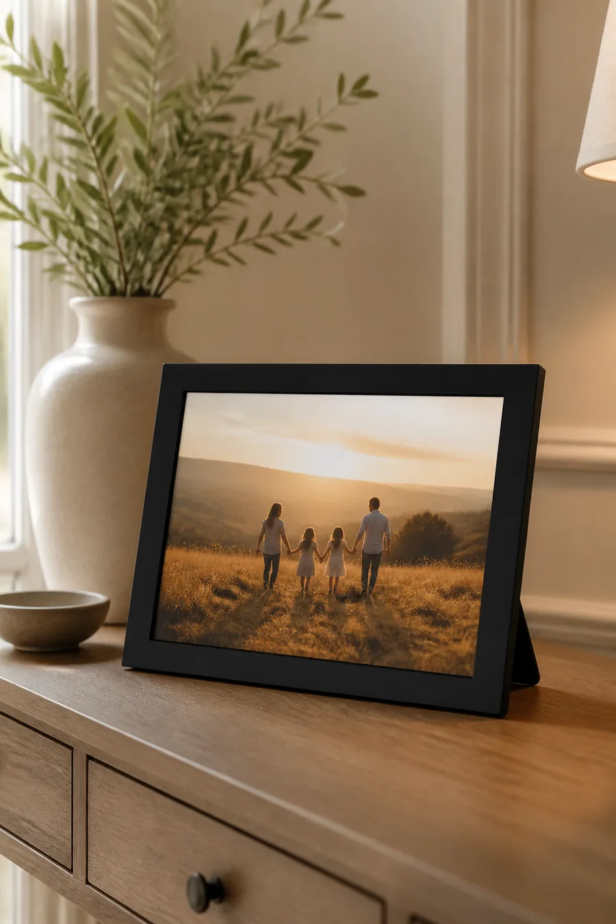 Wi-Fi digital picture frame styled on a warm wood console