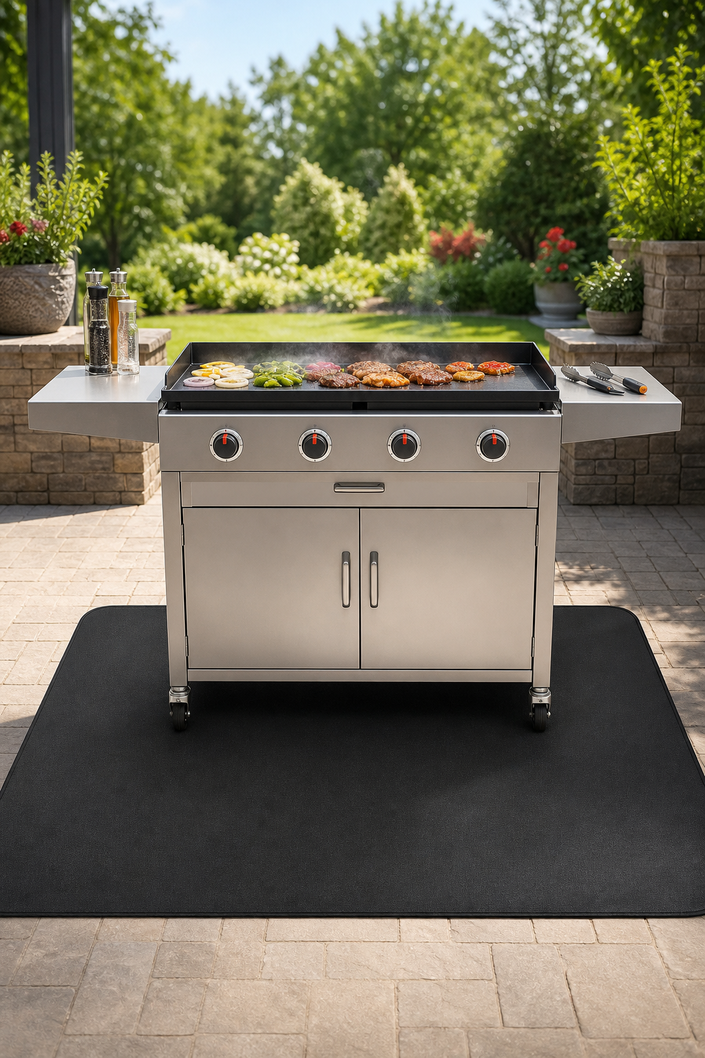 Fireproof grill mat beneath an outdoor grill