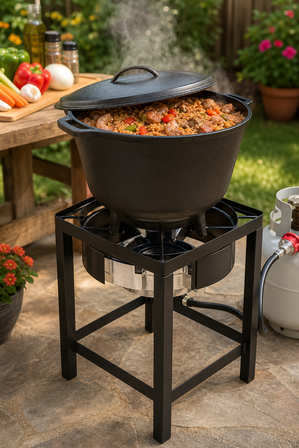 Outdoor burner cooker for backyard meals