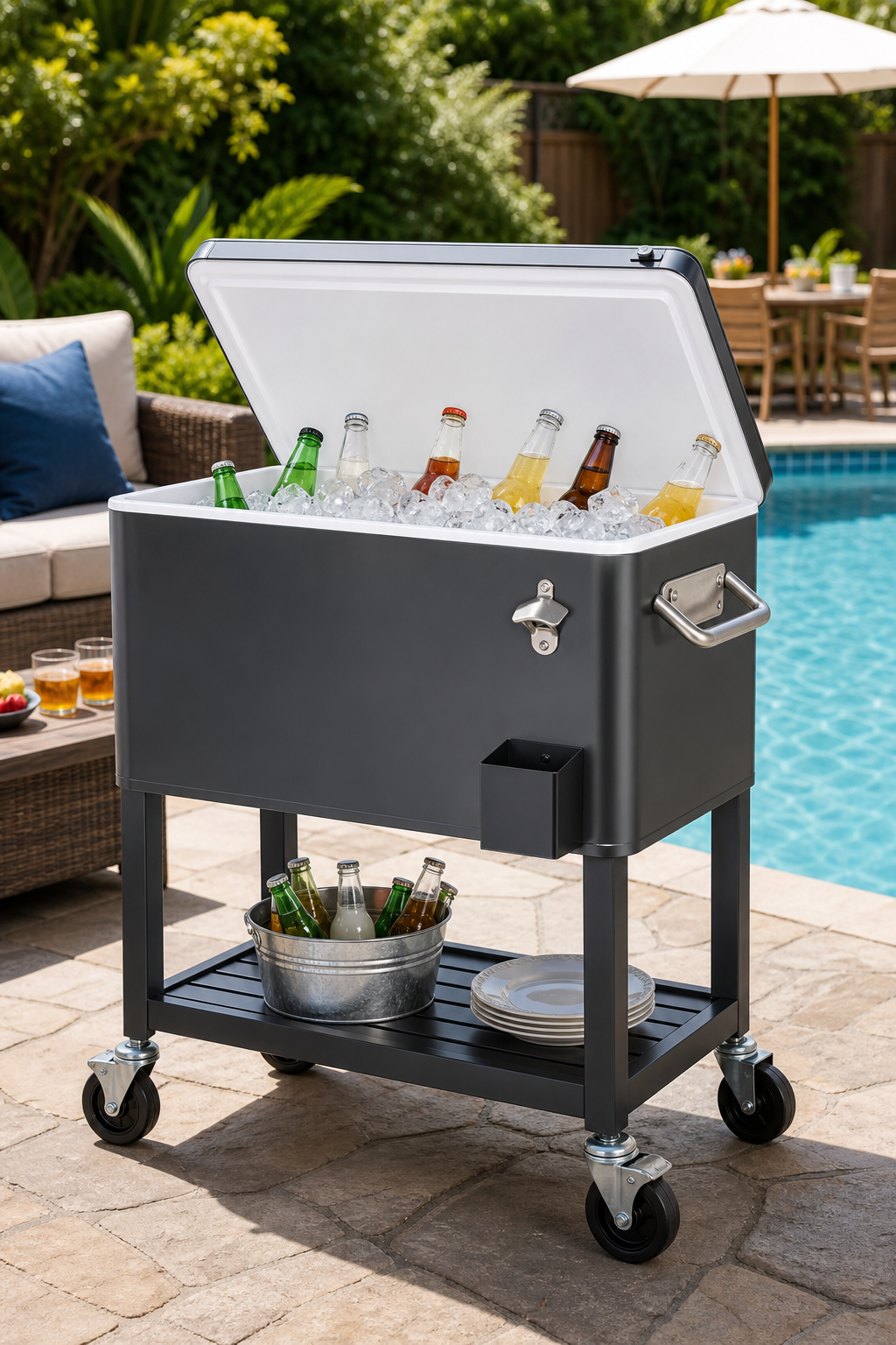 Rolling beverage cooler cart for a backyard party