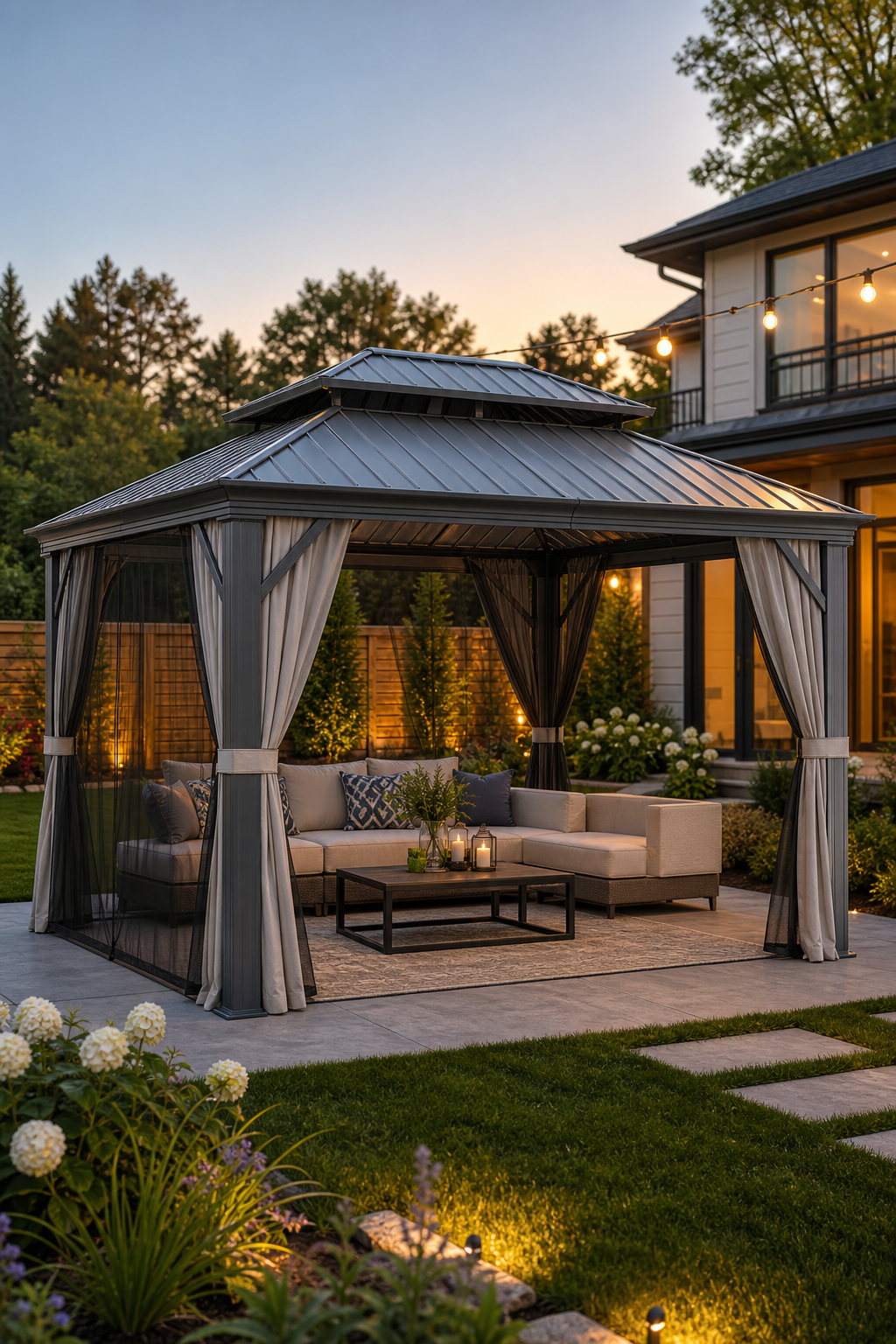 Hardtop gazebo with comfortable outdoor seating at sunset