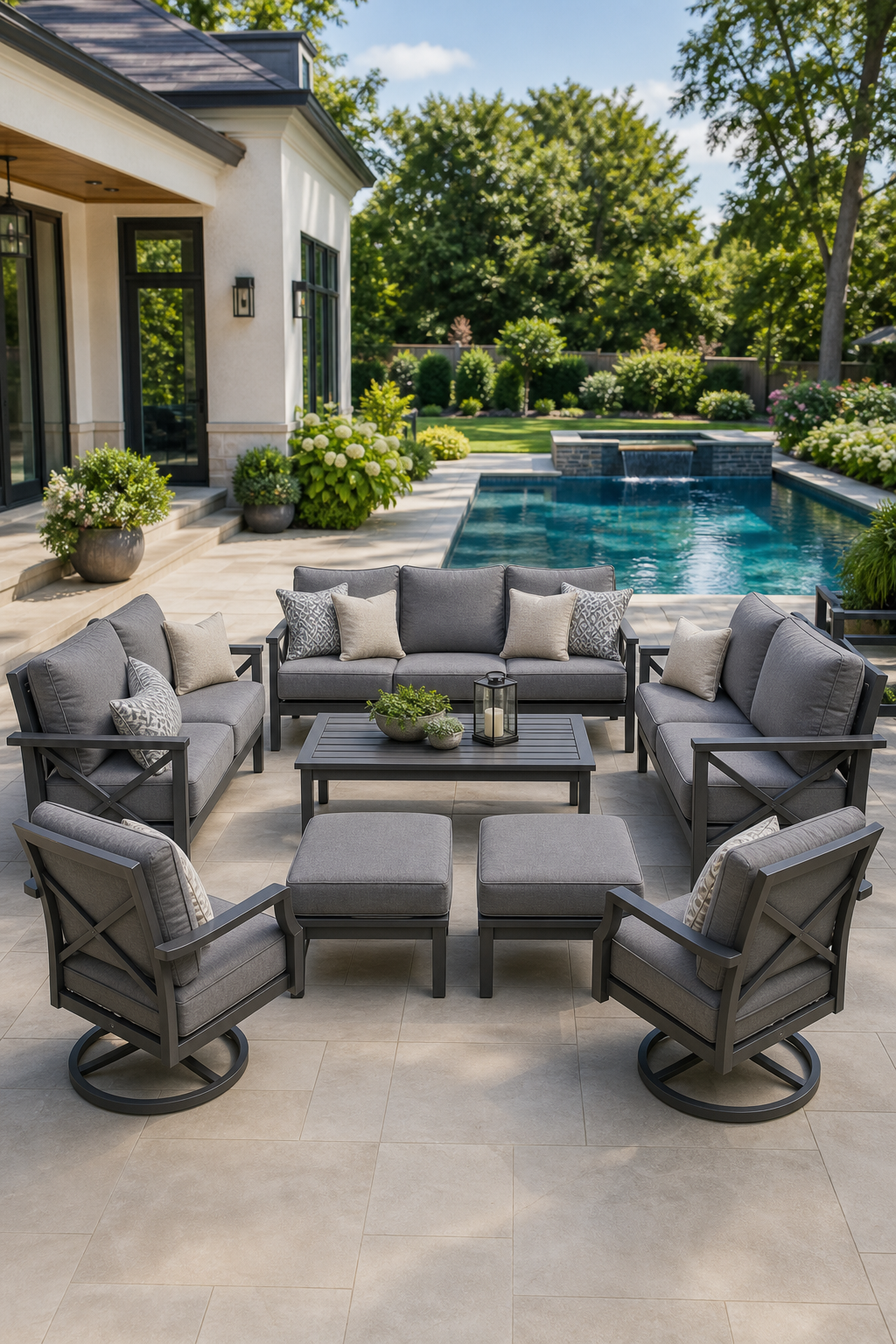 Luxury outdoor conversation set arranged beside a backyard pool