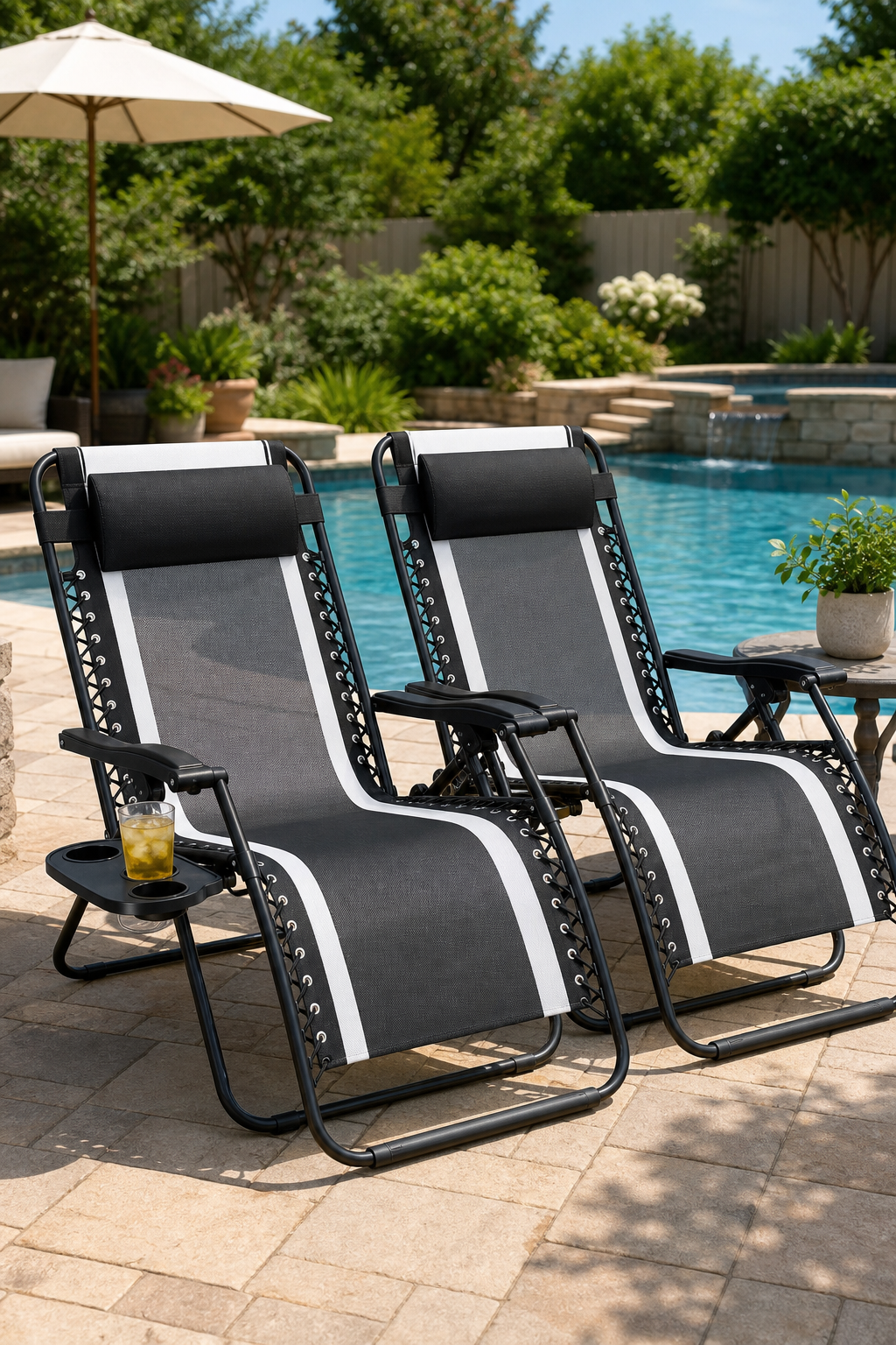 Two reclining outdoor lounge chairs beside a pool