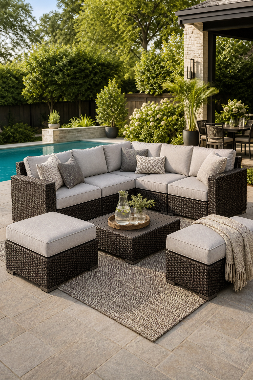 Wicker patio furniture set with sofa and coffee table