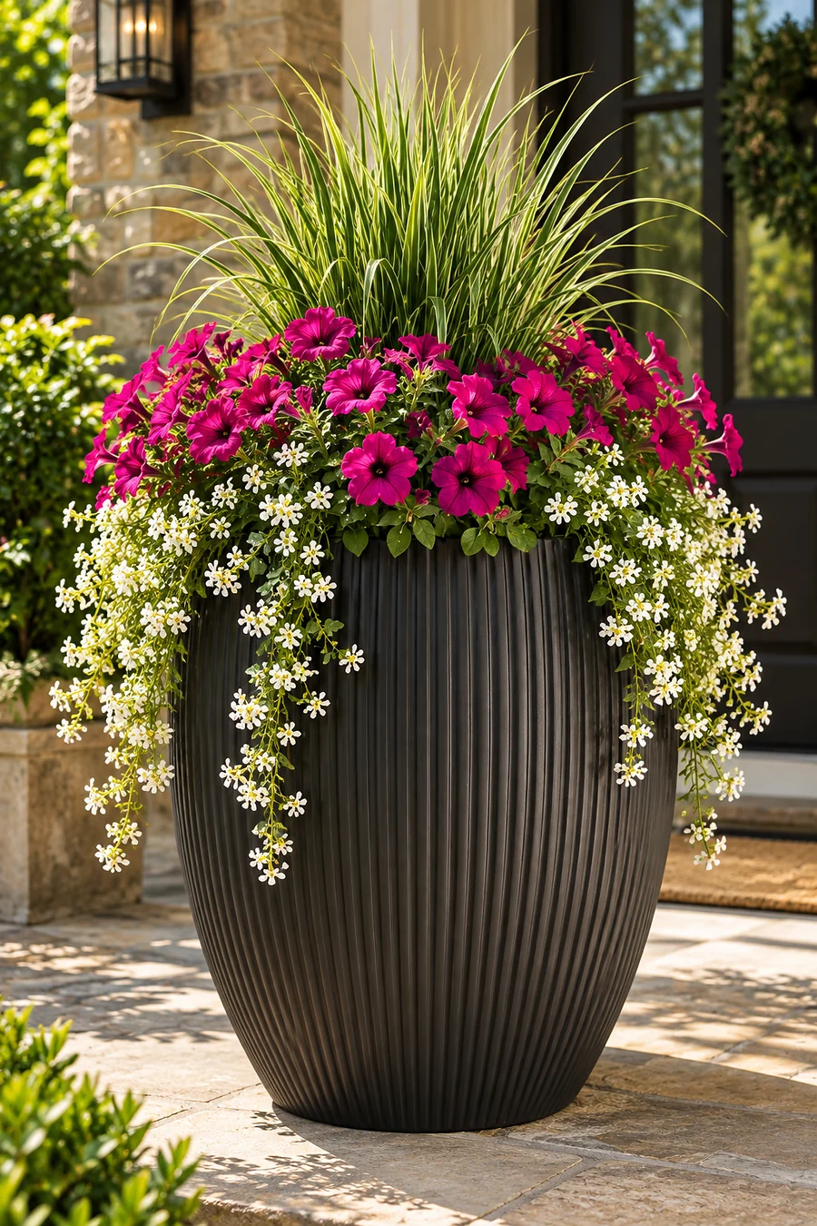 Extra-large black full-sun planter with grass and cascading flowers