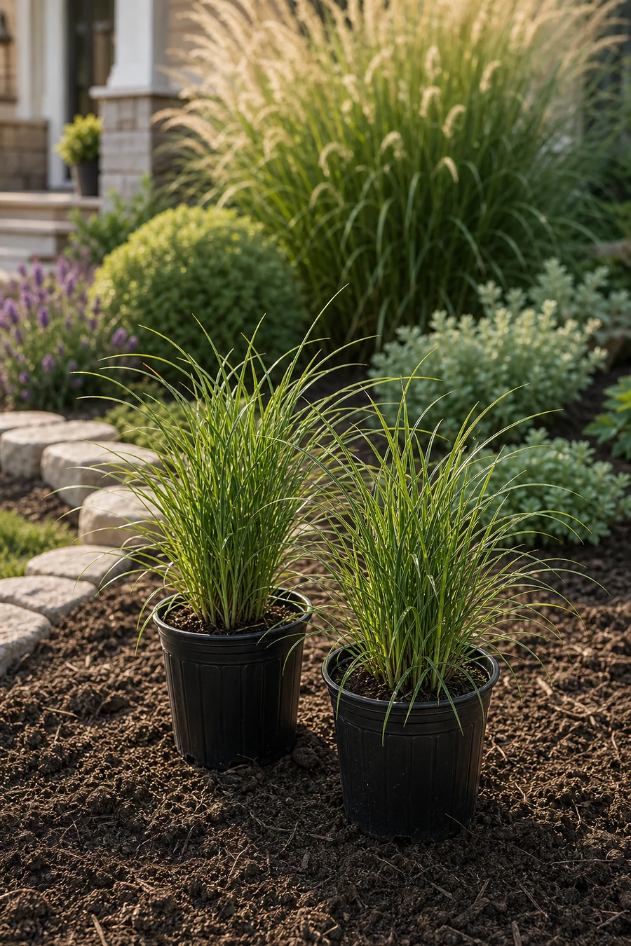 Purple fountain grass adding height to a front porch planter