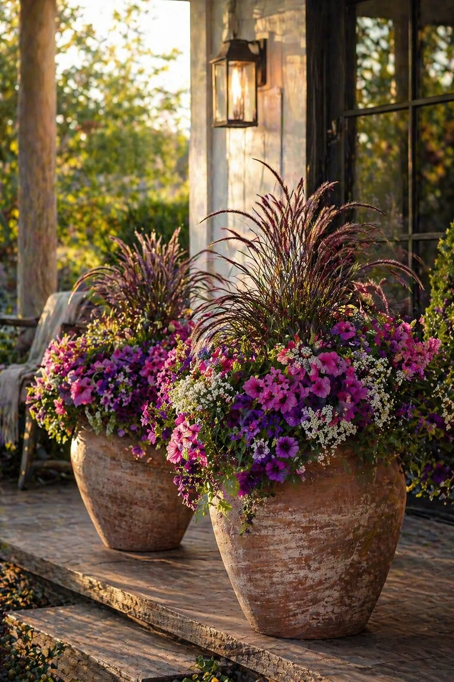 Rustic extra-large terracotta planter filled with porch flowers