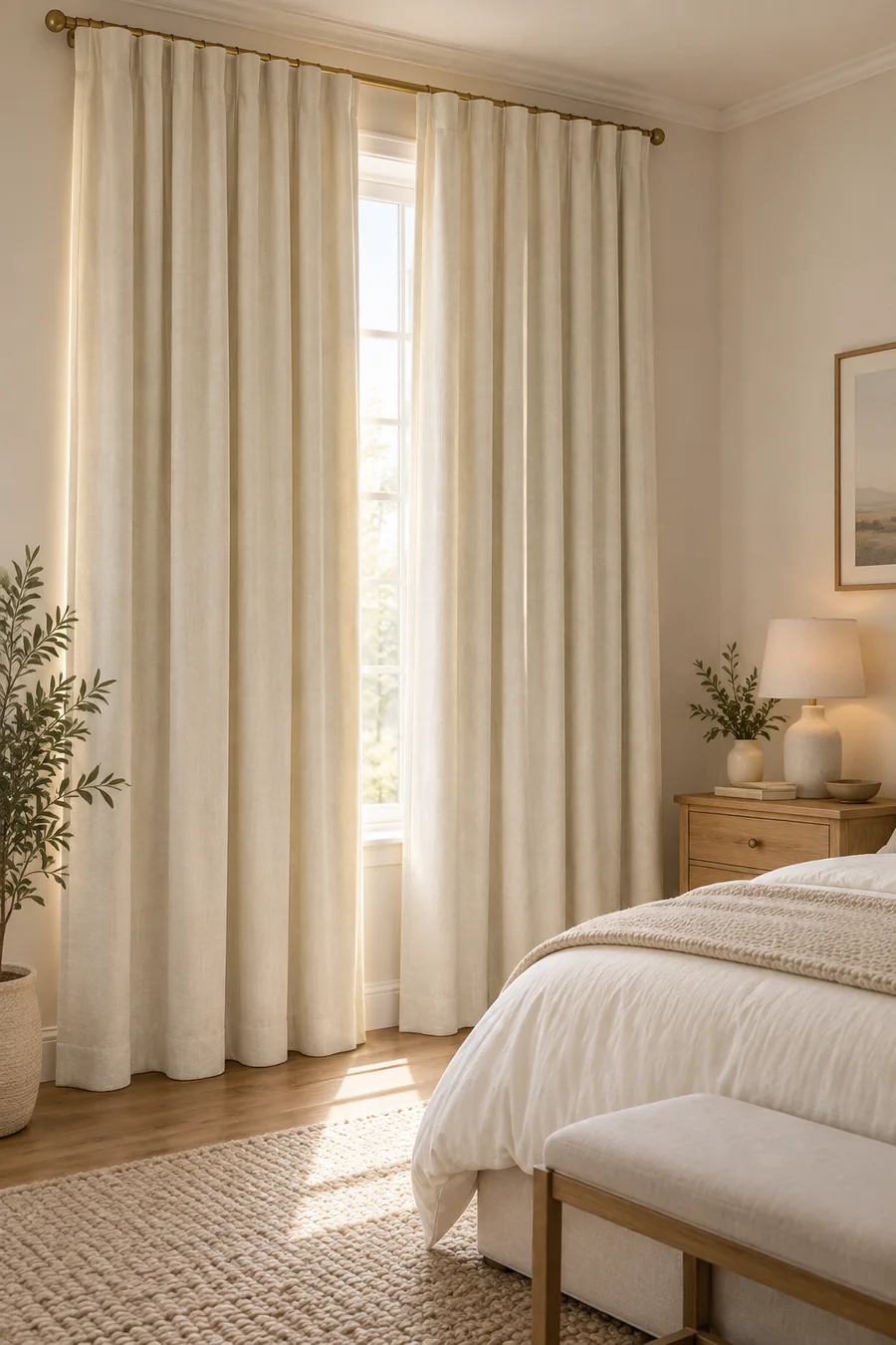 Cream linen-look blackout curtains in a warm neutral rental bedroom