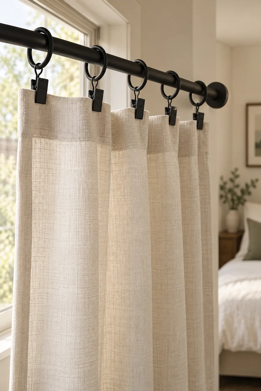 Matte black curtain rings with clips holding cream linen panels
