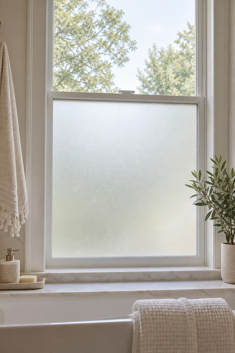 Static-cling frosted privacy film on the lower half of a bright bathroom window