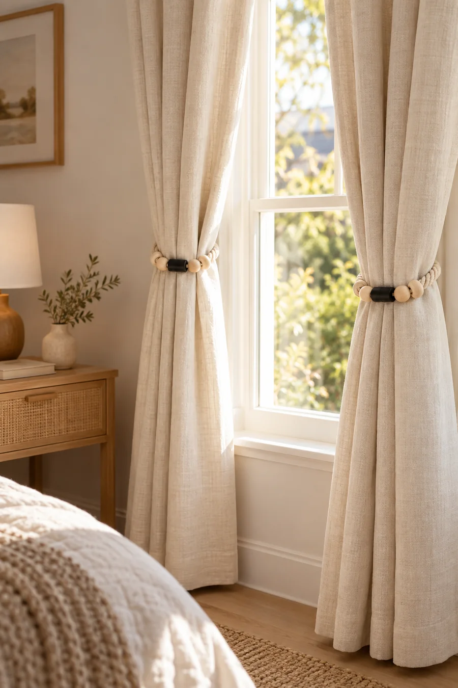 Natural magnetic tiebacks holding cream curtains without wall hooks