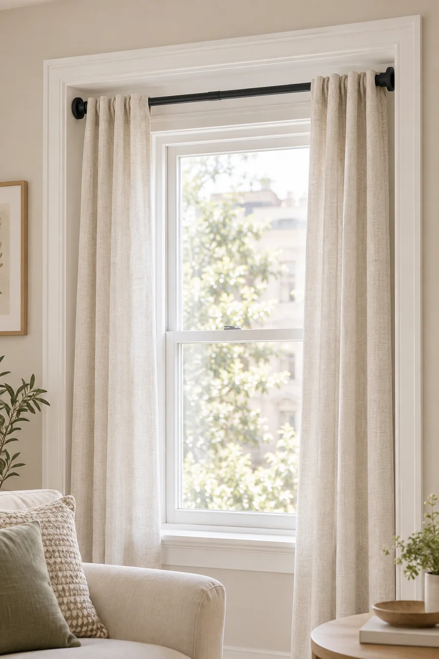 Matte black no-drill adjustable curtain rod fitted inside a rental window