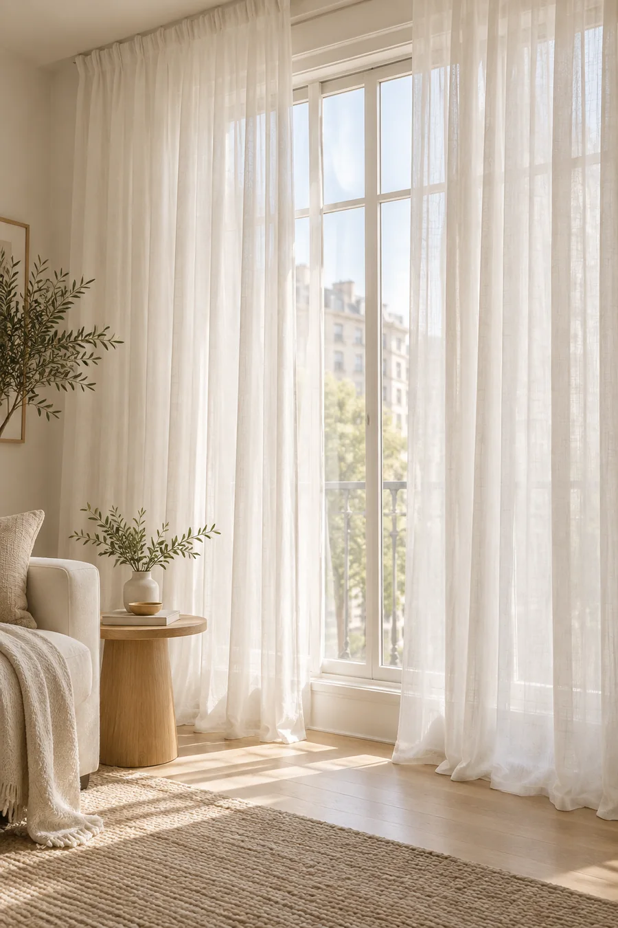 Airy white sheer curtain panels filtering daylight in a neutral apartment