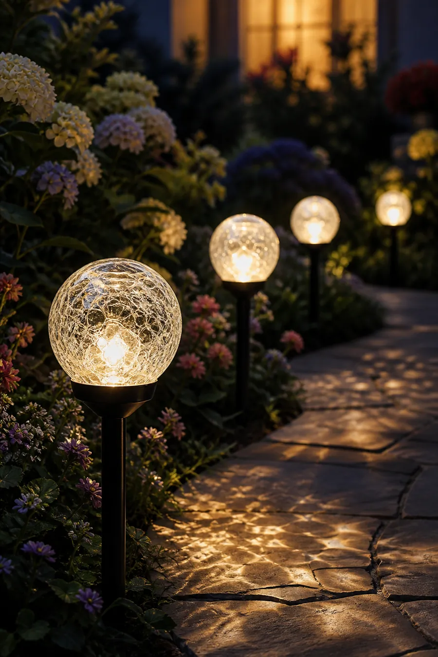 Cracked glass solar globe lights glowing beside a garden walkway