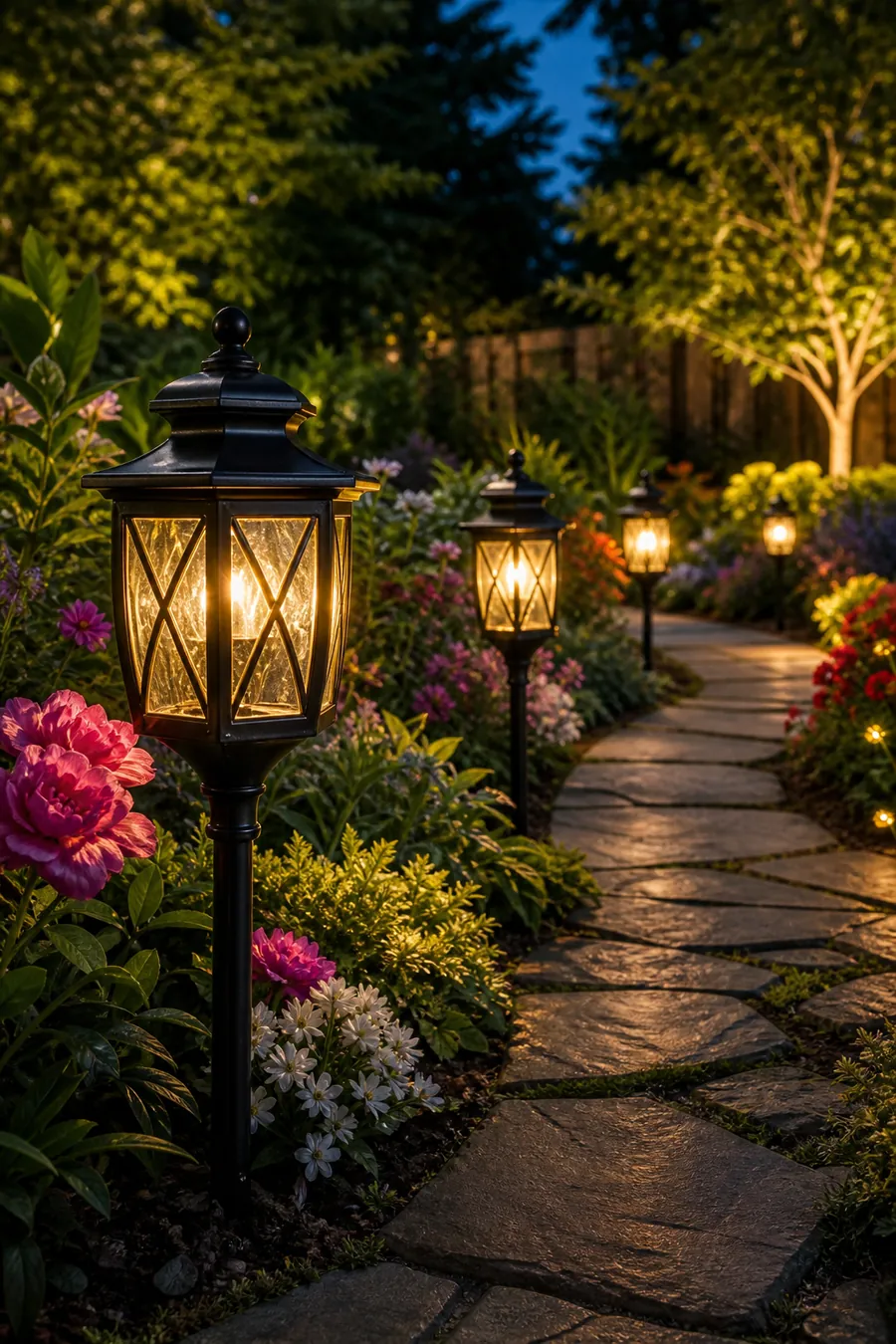 Decorative solar lantern pathway lights glowing in a flower garden