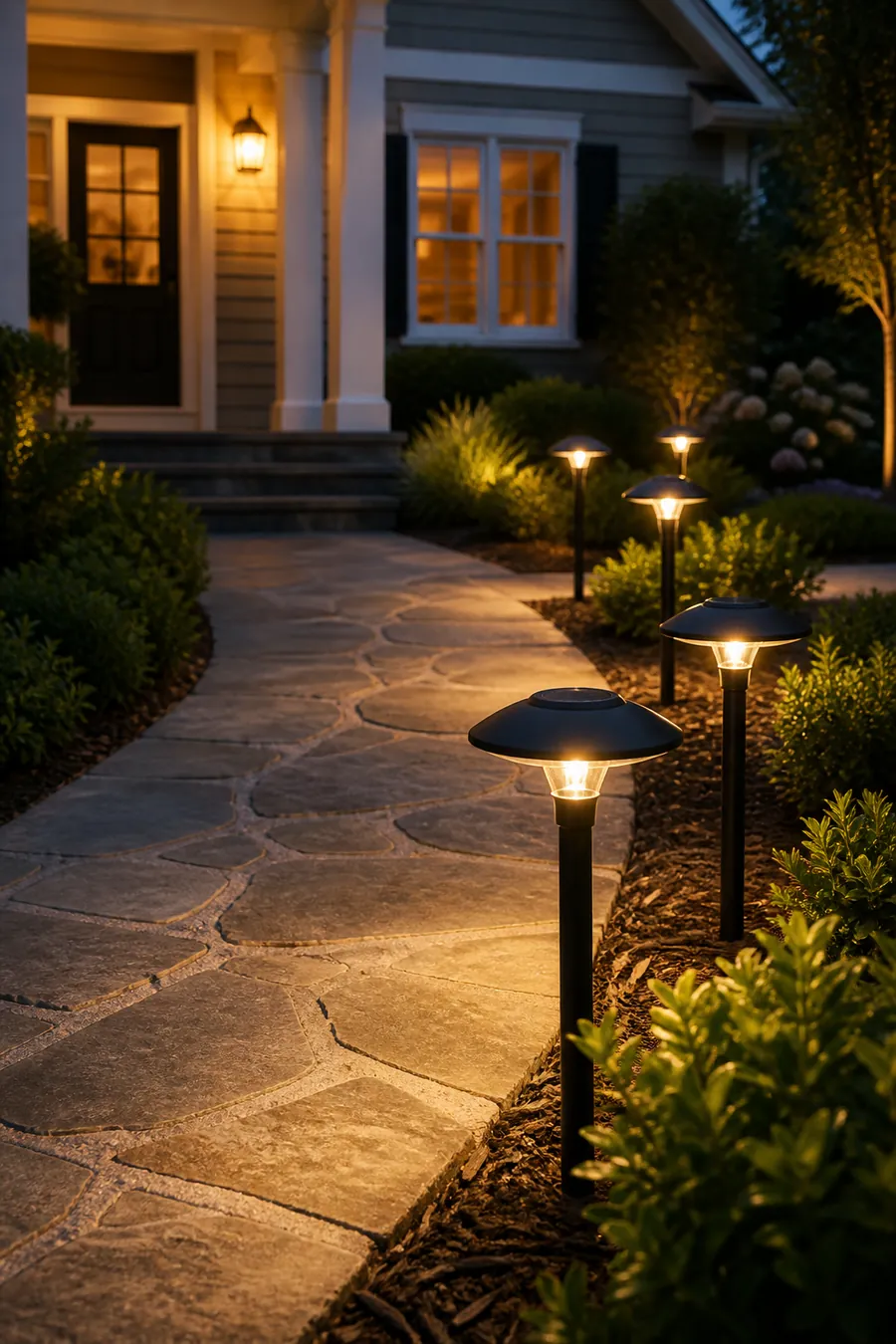 Modern black solar pathway lights illuminating a landscaped front walkway