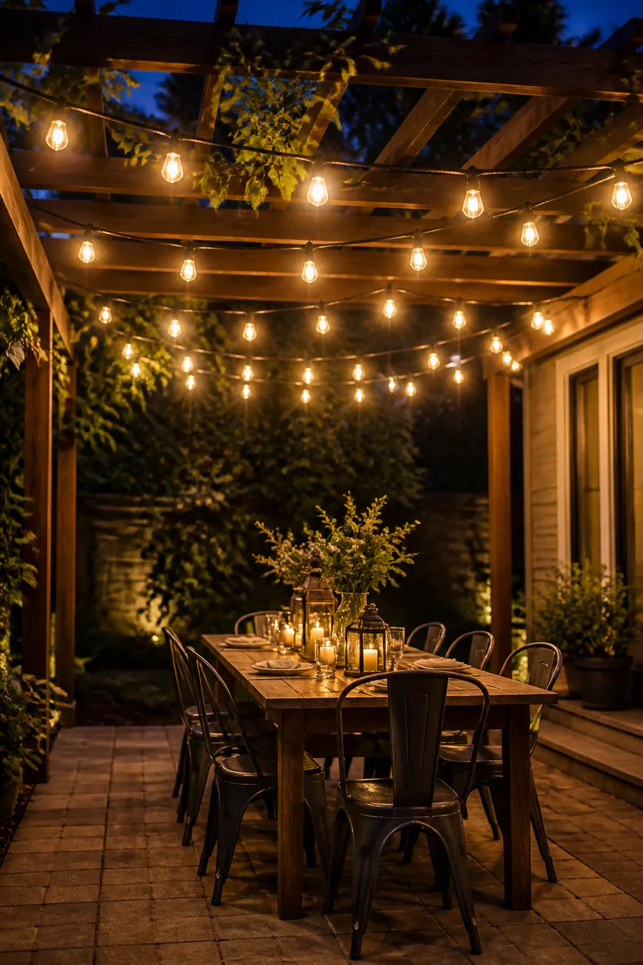 Warm outdoor string lights glowing above a backyard patio dining table