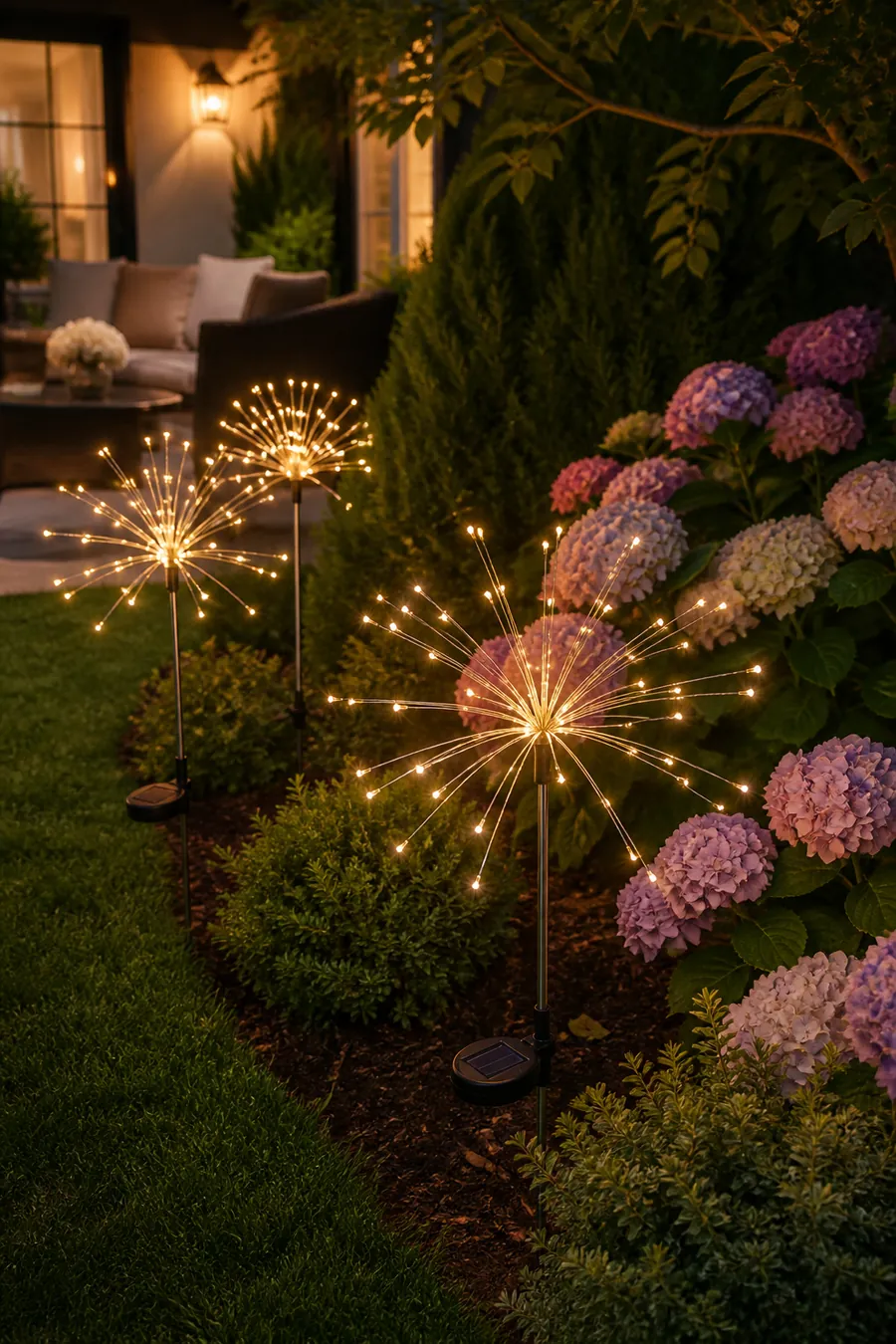 Warm white solar firework stake lights sparkling in a landscaped garden