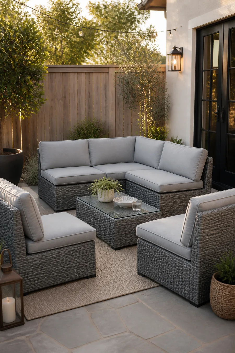 Grey wicker patio conversation set with cushions